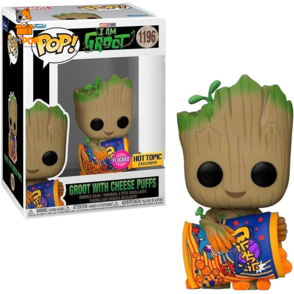 Groot With Cheese Puffs Flocked - #1196 Funko Pop! I Am Marvel Hot Topic Exclusive Pop